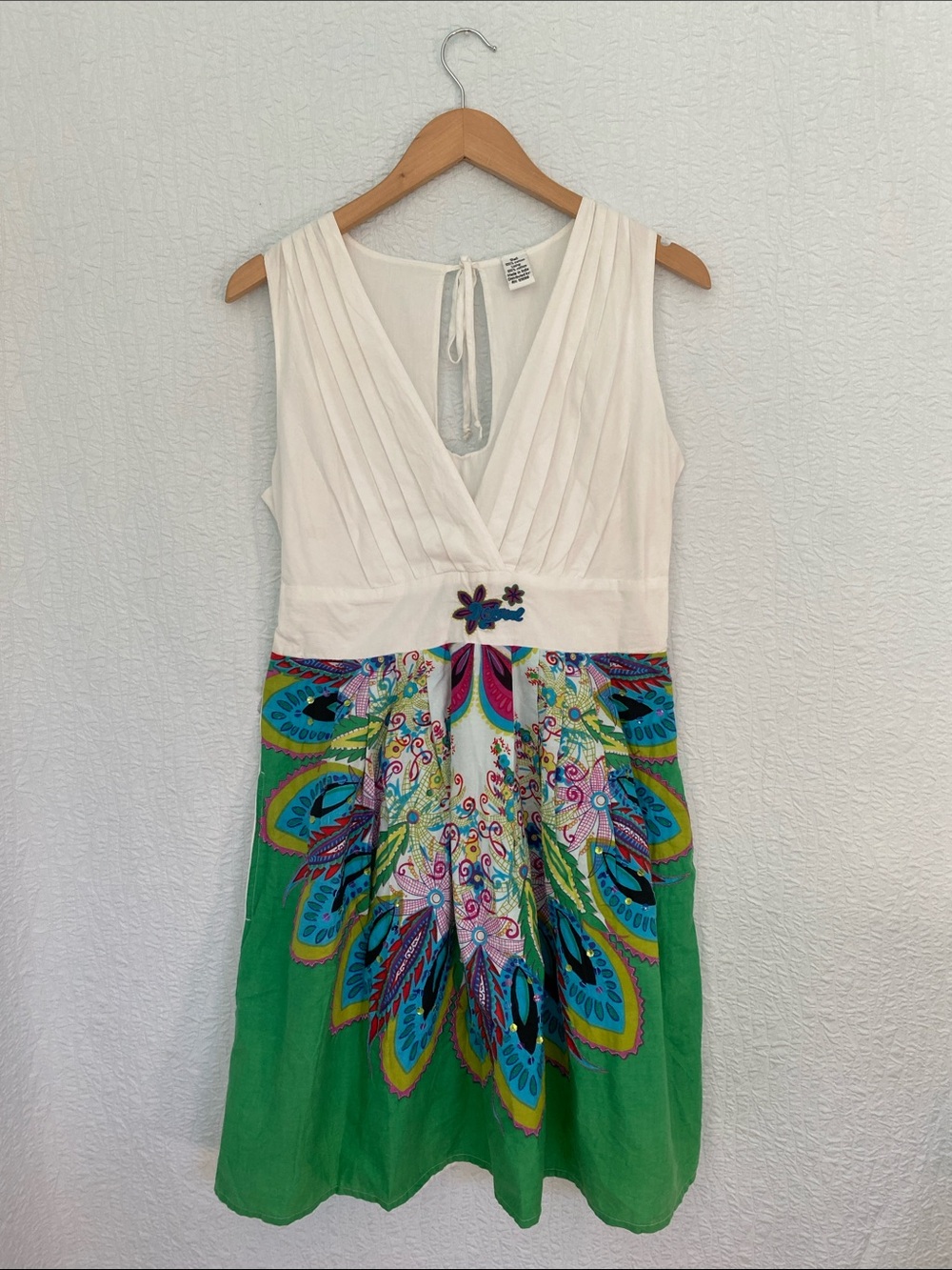 Desigual White and Green Floral Print Sleeveless Dress Artistic